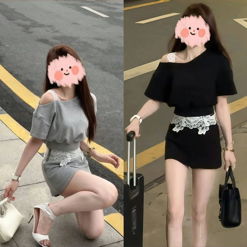 2025夏季时尚辣妹洋气衣服女性感斜肩蕾丝卫衣+高腰半身裙两件套