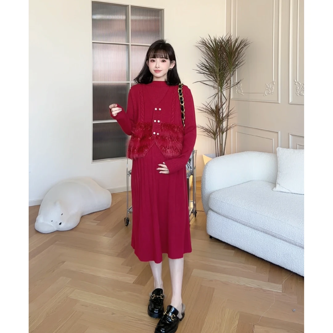 maodan/猫单清仓【人间多丽】孕妇装毛毛马甲连衣裙两件套装春秋款.