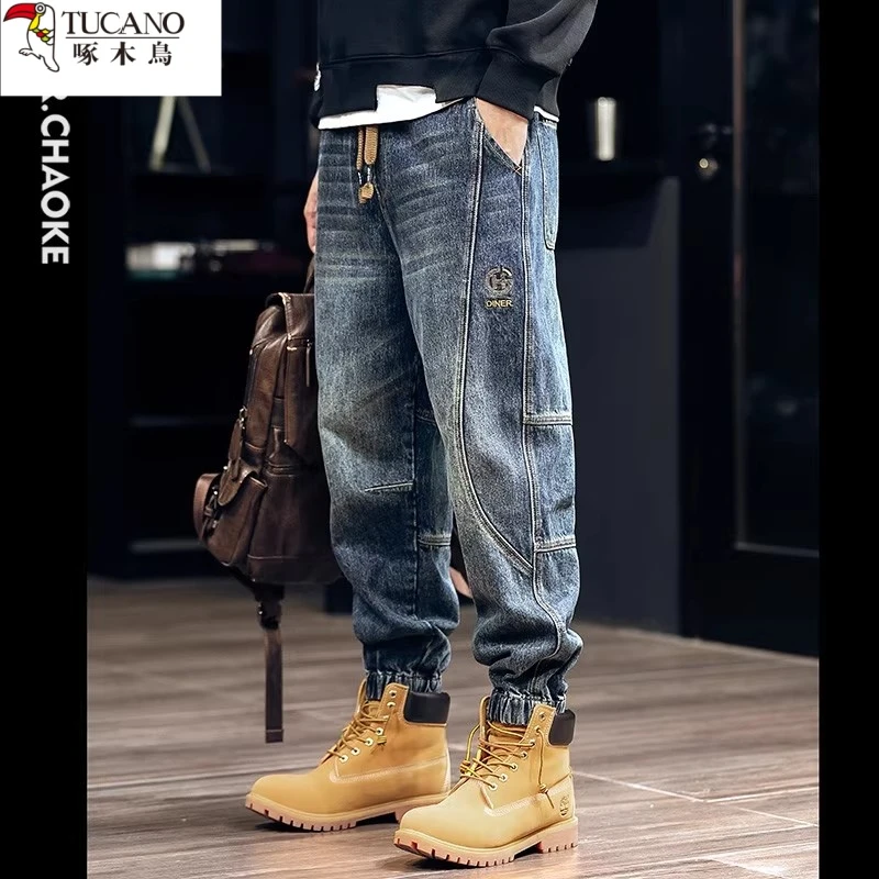 啄木鸟秋季工装牛仔裤男士潮流美式拼接哈伦裤宽松大码裤秋冬裤子