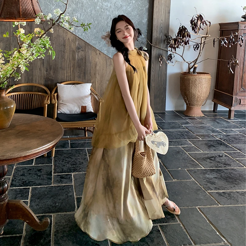 国风绝美连衣裙女2025夏季新款网纱拼接超好看扎染挂脖假两件长裙
