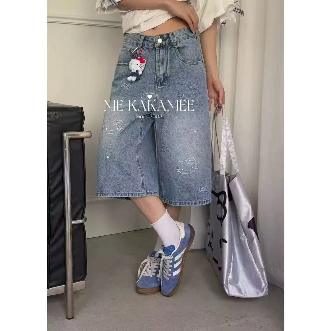 【美娜服饰】2025夏季新款韩系街头刺绣猫咪阔腿七分裤