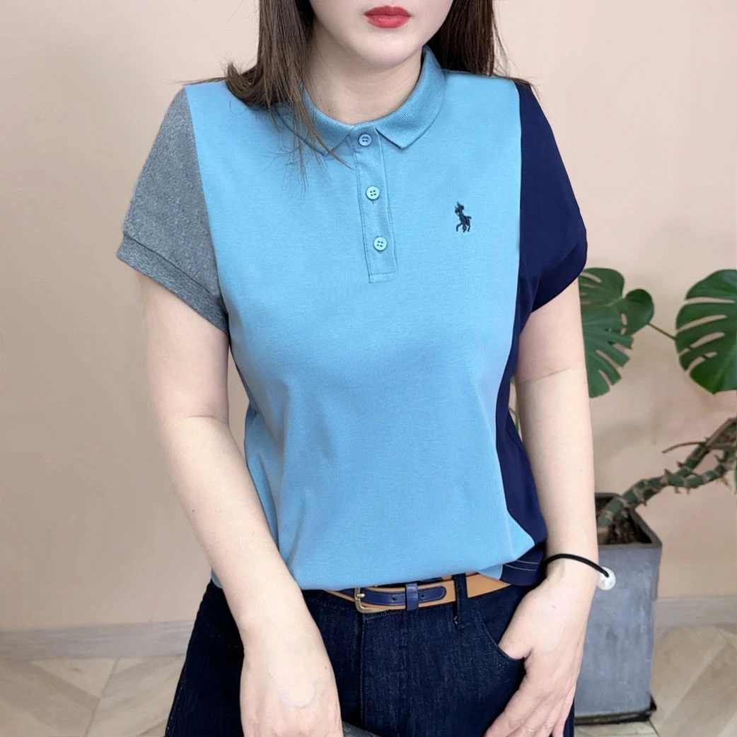 2025夏季新品时尚百搭修身显瘦拼色设计感POLO领女士短袖上衣7955