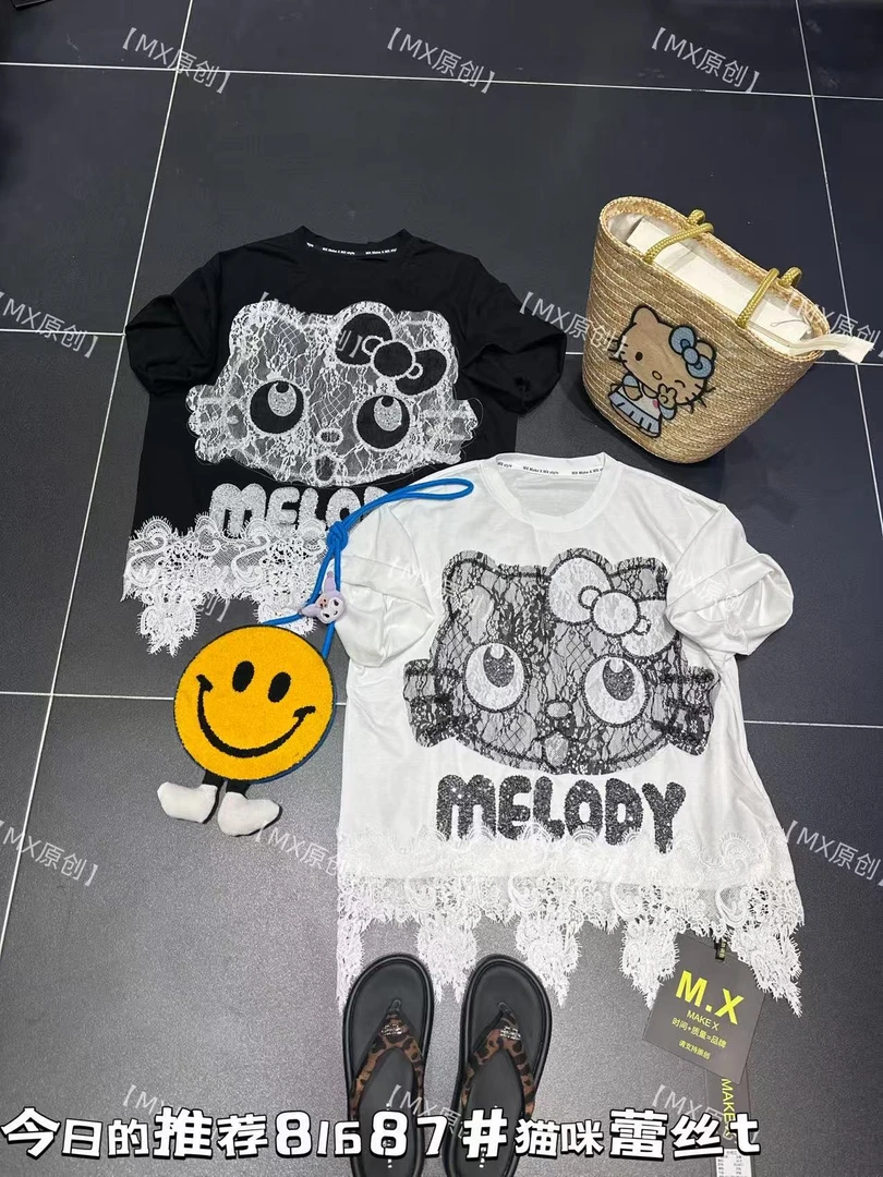 mx蕾丝拼接短袖T恤女夏季新款宽松慵懒洋气欧货潮时髦上衣81687