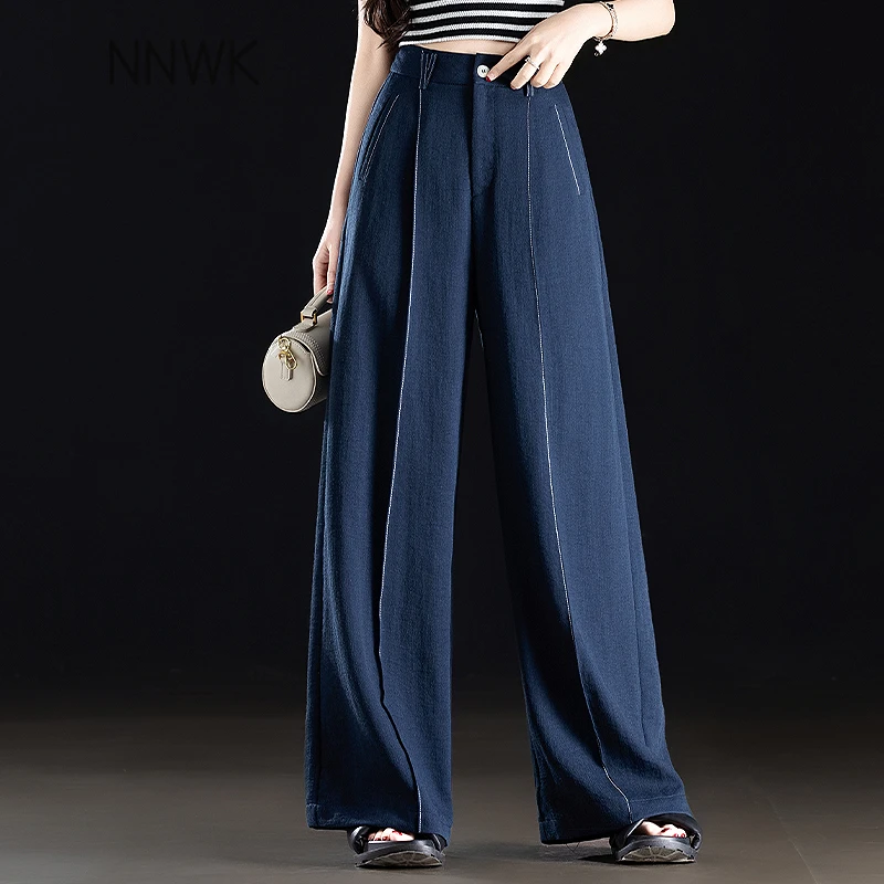 宽松亚麻阔腿裤子女2025新款夏季薄款垂感高级感藏蓝色休闲直筒裤