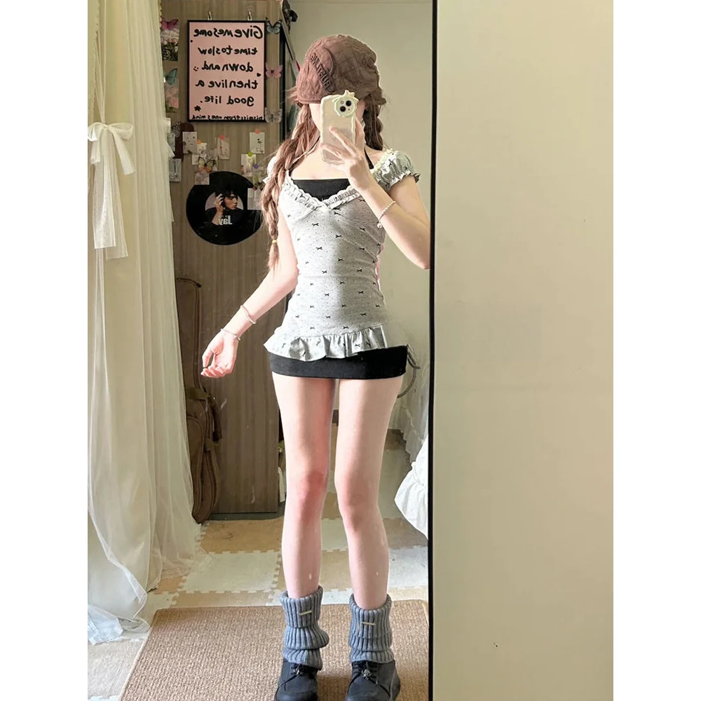 老钱风松弛感女装贵气花短袖上衣套装女夏季纯欲挂脖吊带修身连小