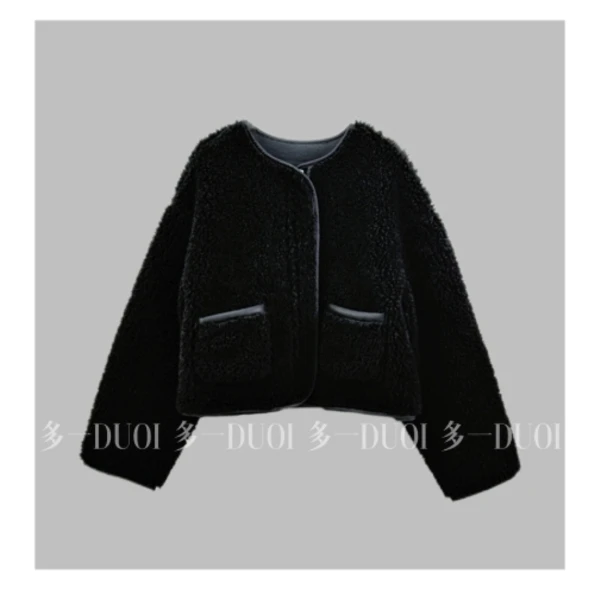 DY2024冬季皮毛拼接一体拉链两面穿保暖休闲外套