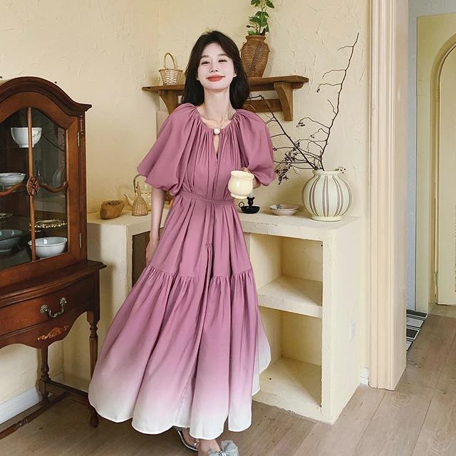高级感渐变色连衣裙女2024夏季新款泡泡袖宽松显瘦气质长款大摆裙