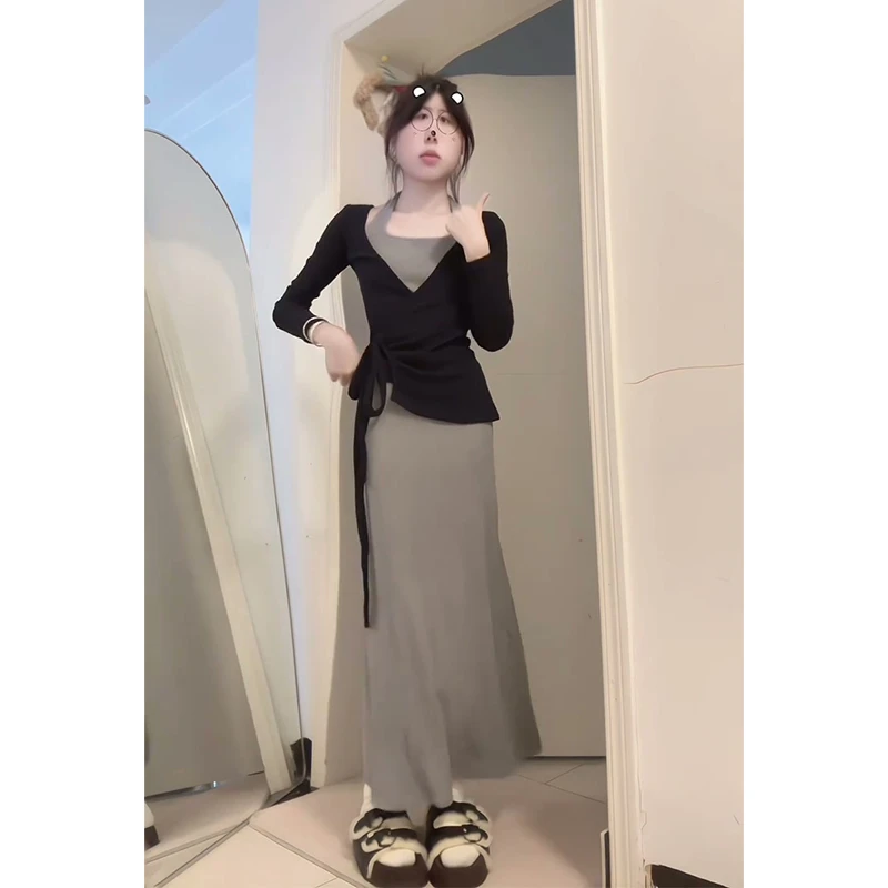 2025早秋新款韩系穿搭V领长袖系带开衫方口领收腰显瘦挂脖连衣裙