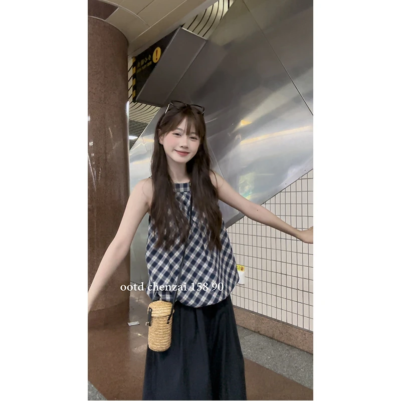 【3025】【蓝莓】复古格纹花苞挂脖背心女松紧腰速干直筒阔腿裤两件套