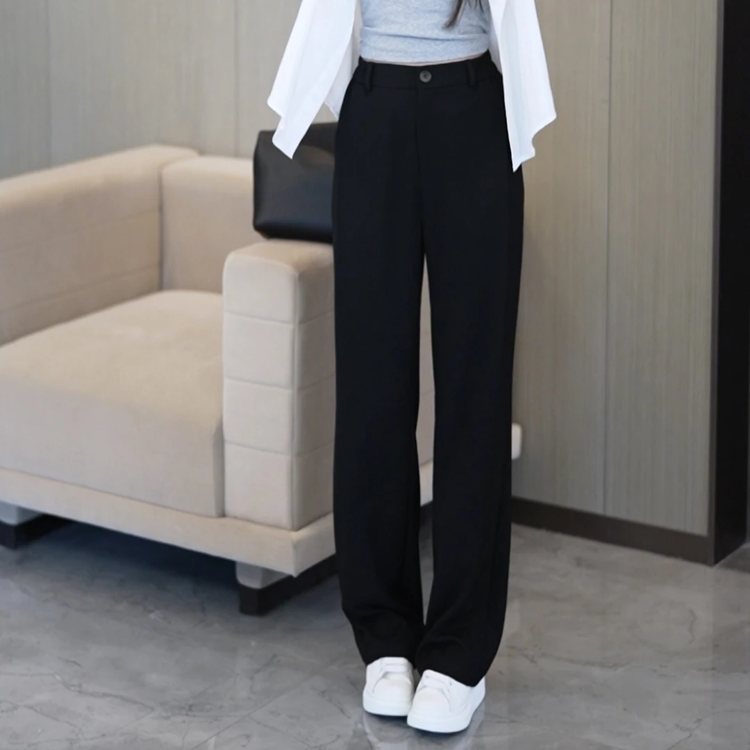 窄版西装裤女2025新款春秋高腰垂感拖地休闲设计感直筒灰色阔腿裤