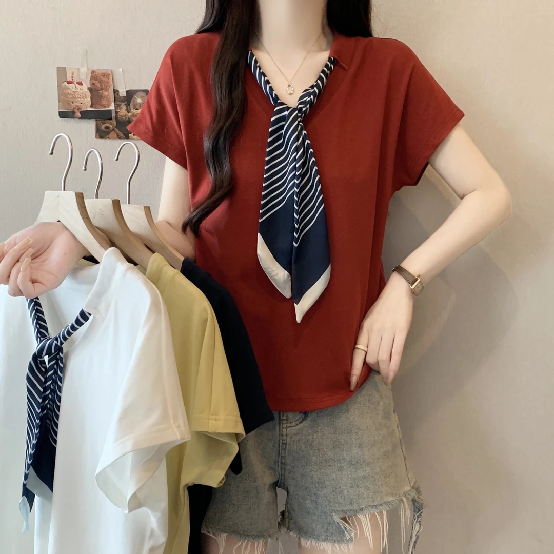 2025夏季新款短款条纹V领千金风百搭短袖T恤复古宽松型洋气衣服女
