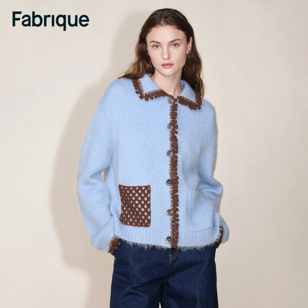 Fabrique Lvy【格林童话】婴儿蓝绵羊毛马海毛手工小绒球针织开衫