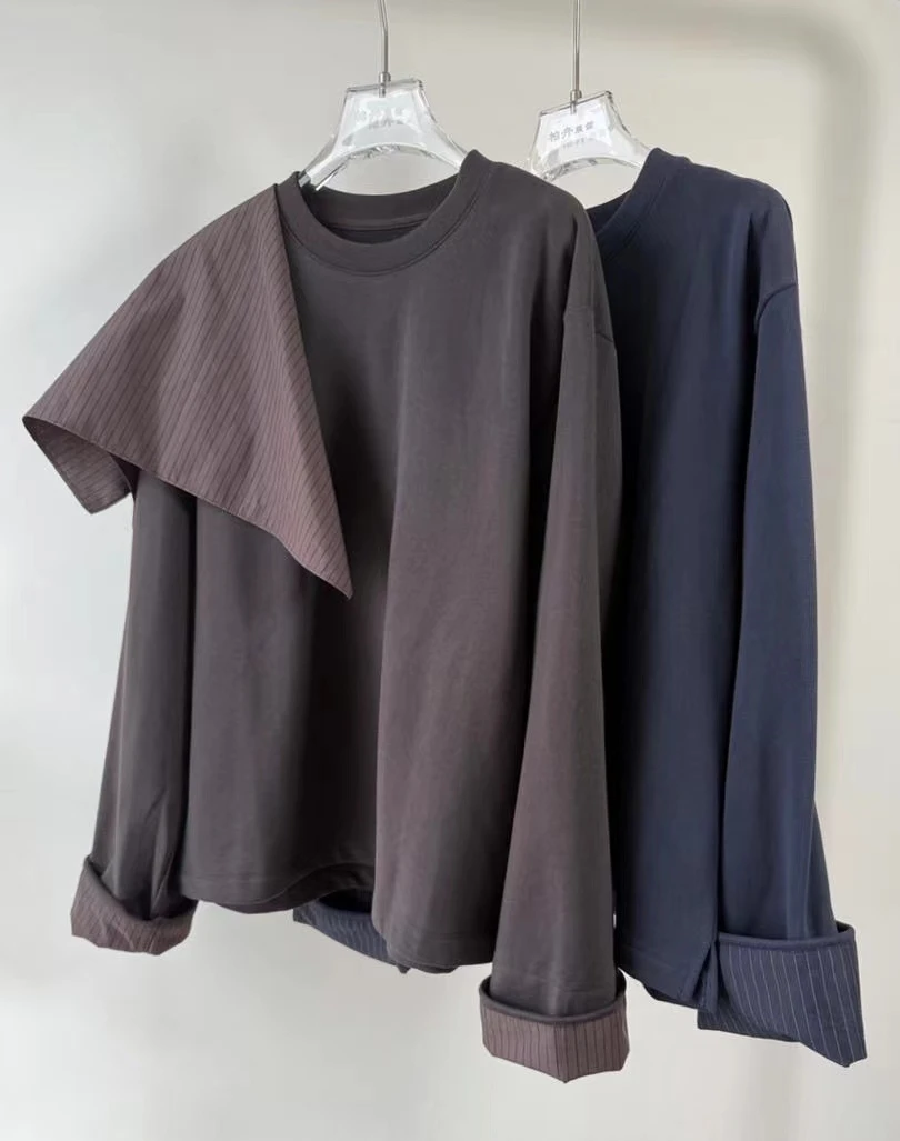 【柏卉服饰】欧货袖口拼条纹丝巾卫衣