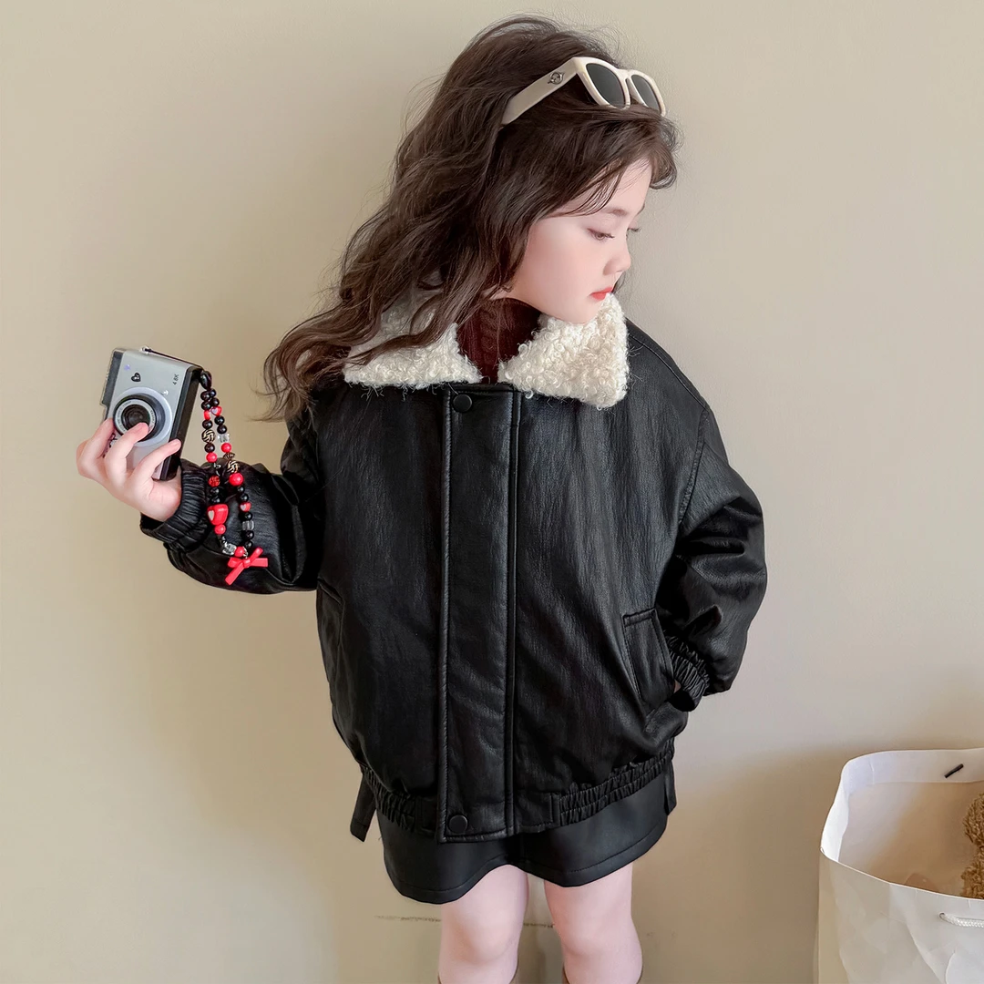 女童加绒外套秋冬季新款儿童翻领机车服洋气宝宝韩版时髦加厚皮衣