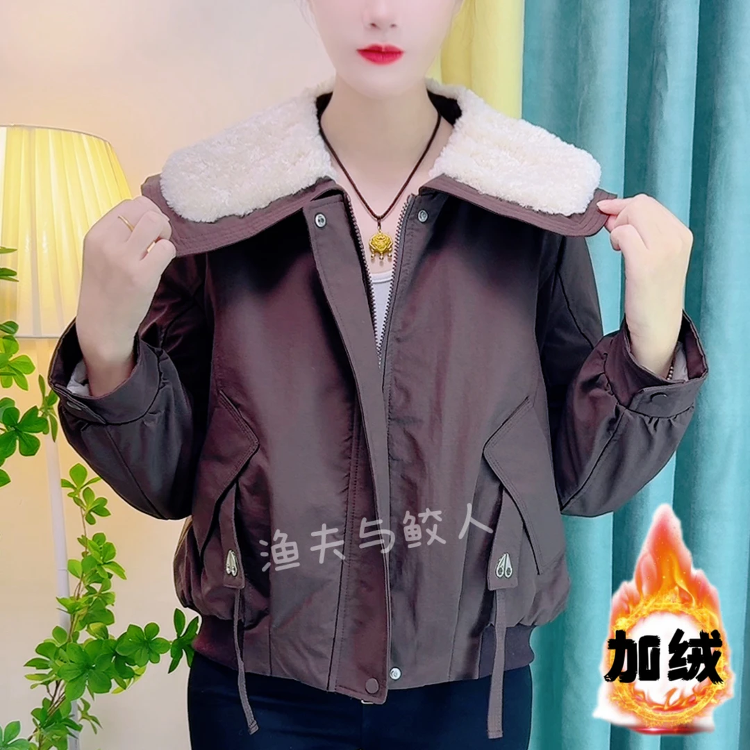 2025新款娃娃领小个子短款加绒保暖外套时尚宽松上衣夹克加绒加厚