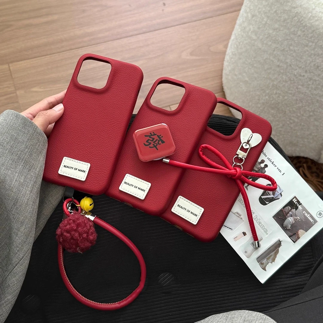 高颜值新年红色皮质适用苹果华为oppo小米vivo手机壳一加全包新款