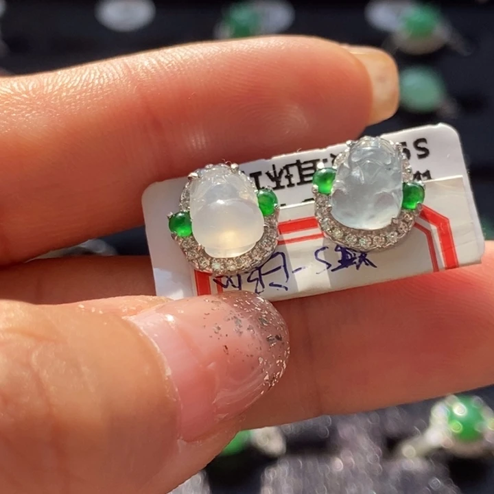 翡翠耳饰银S925镶嵌耳钉