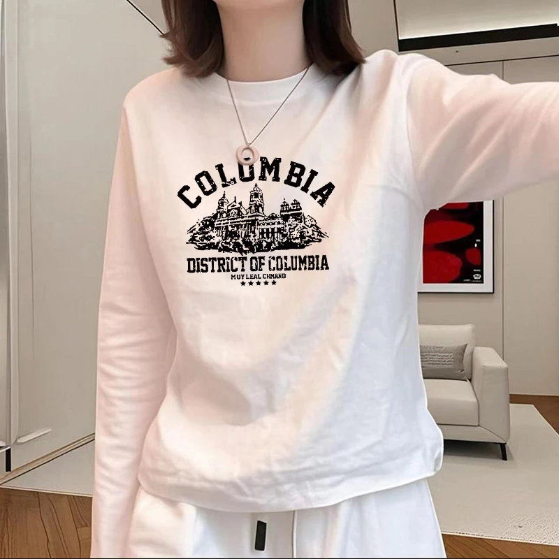 港味chic印花圆领长袖T恤女2025新款秋冬宽松百搭内搭打底衫上衣