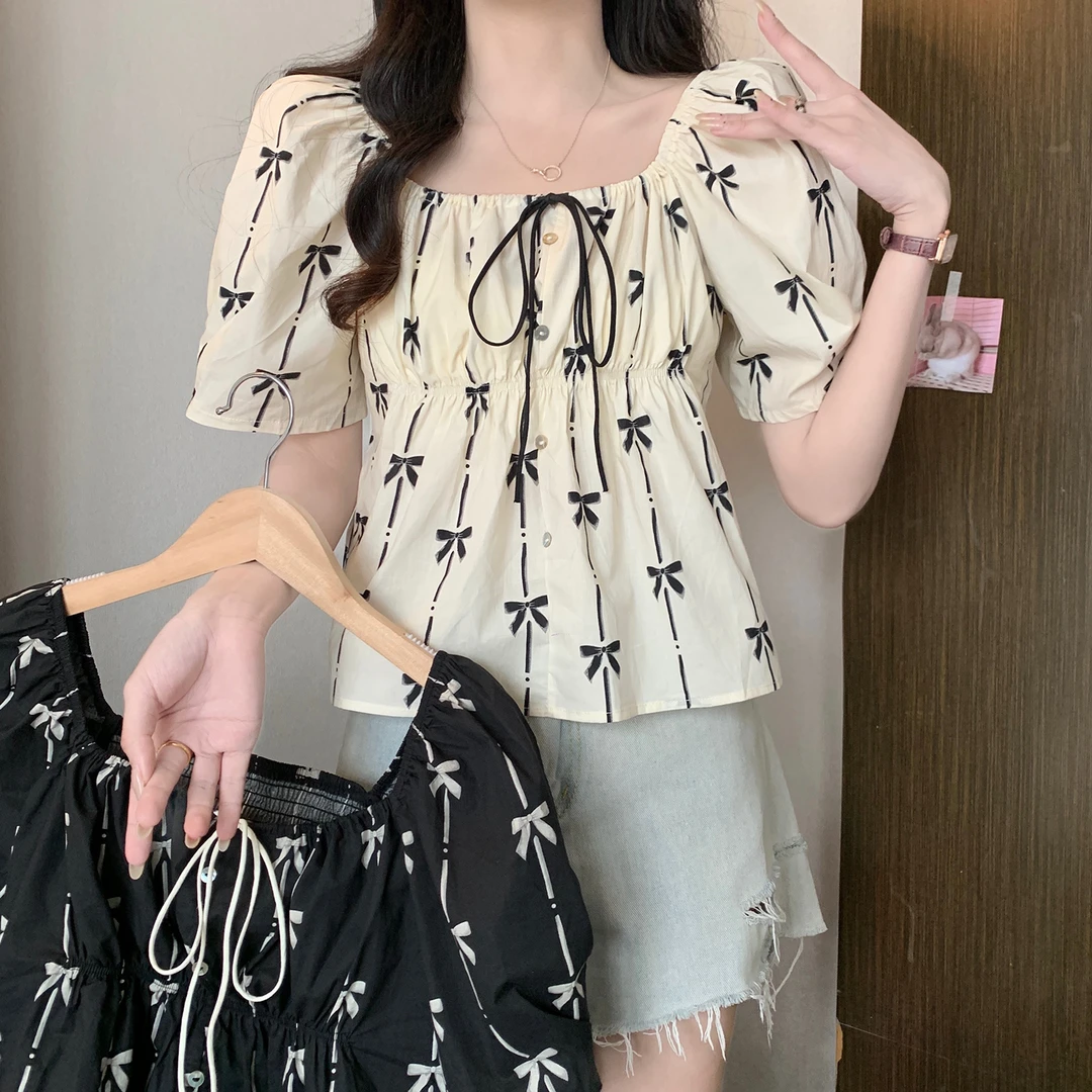 胖mm大码女装温柔风方领抽绳蝴蝶结泡泡袖百搭上衣女426785#