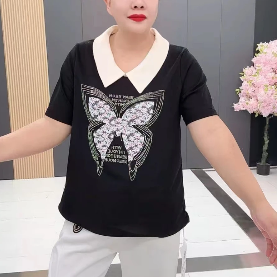 梦梦家8489款时尚洋气减龄翻领钻蝴蝶半袖衫