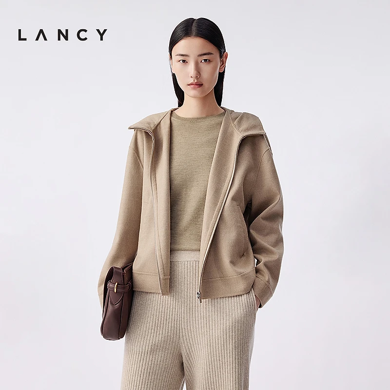 【纯羊毛】LANCY/朗姿2025冬新款休闲双面呢连帽拉链短外套上衣女