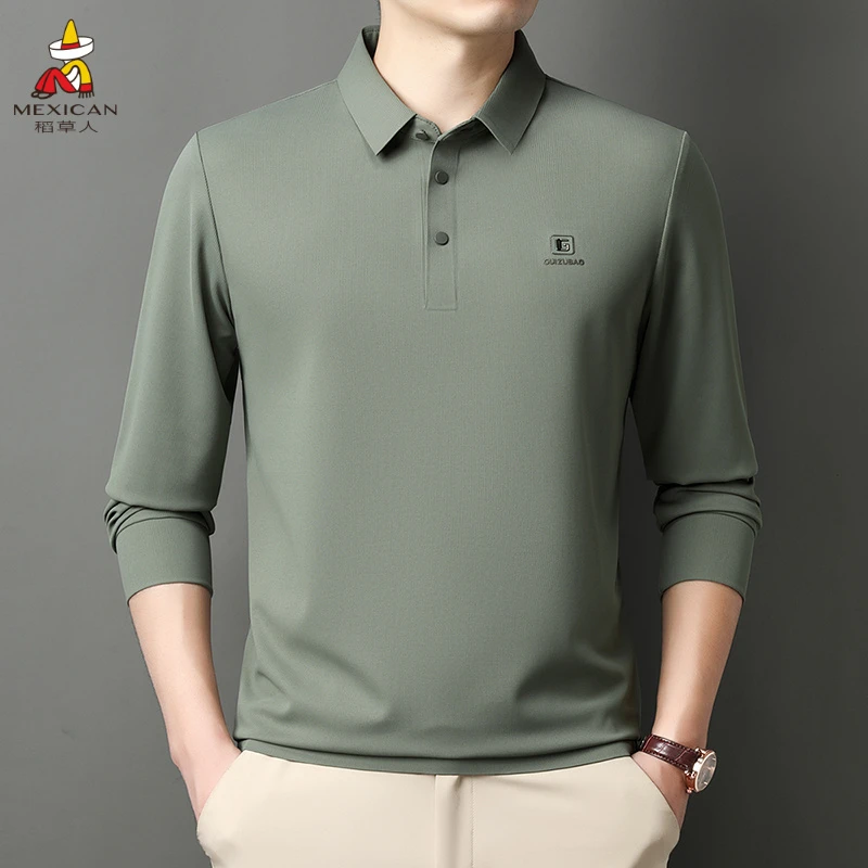 稻草人秋季新款长袖POLO衫男士商务休闲翻领宽松弹力抗皱纯色男装