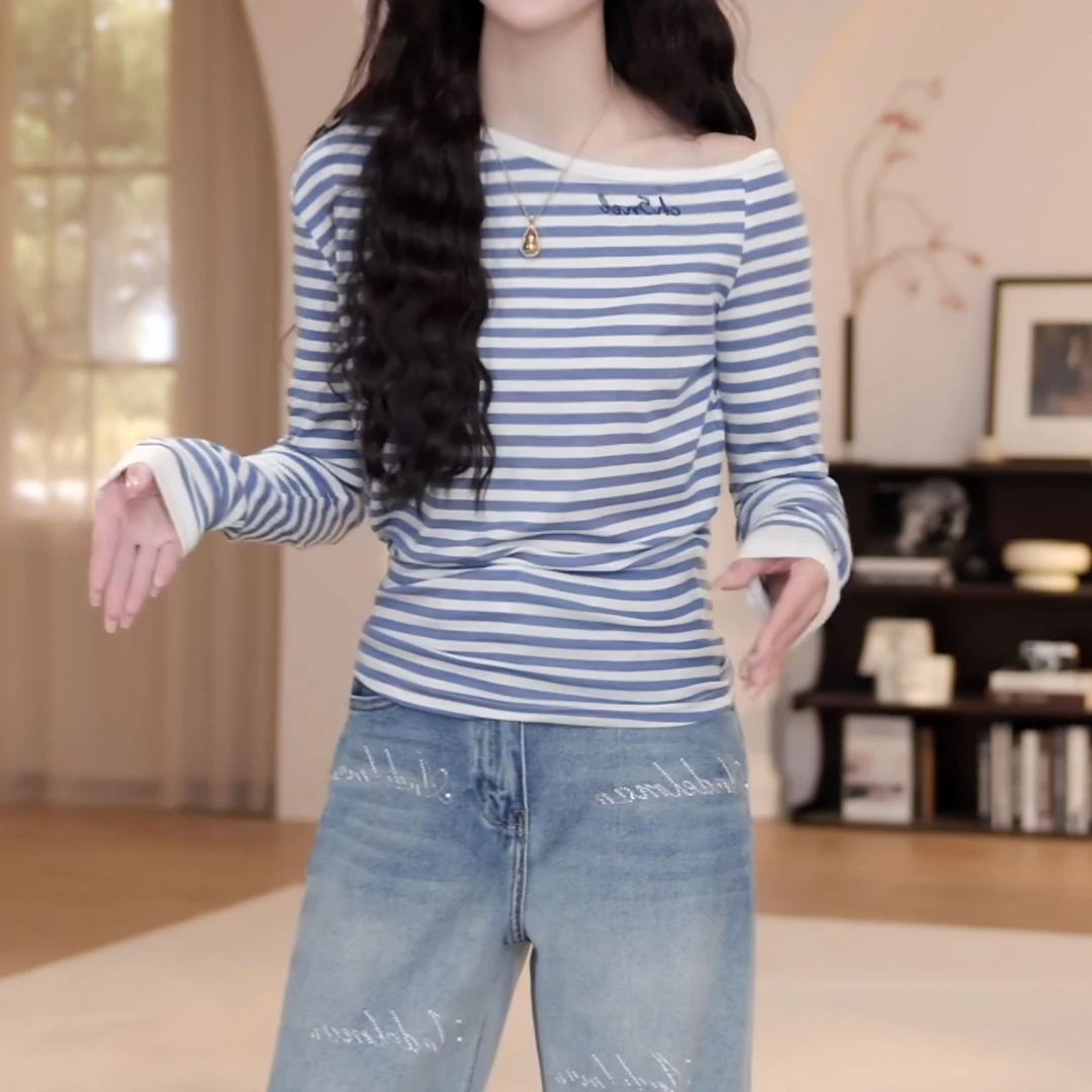 2025新款春夏百搭斜肩洋气字母条纹显瘦长袖时尚T恤上衣LK2501662