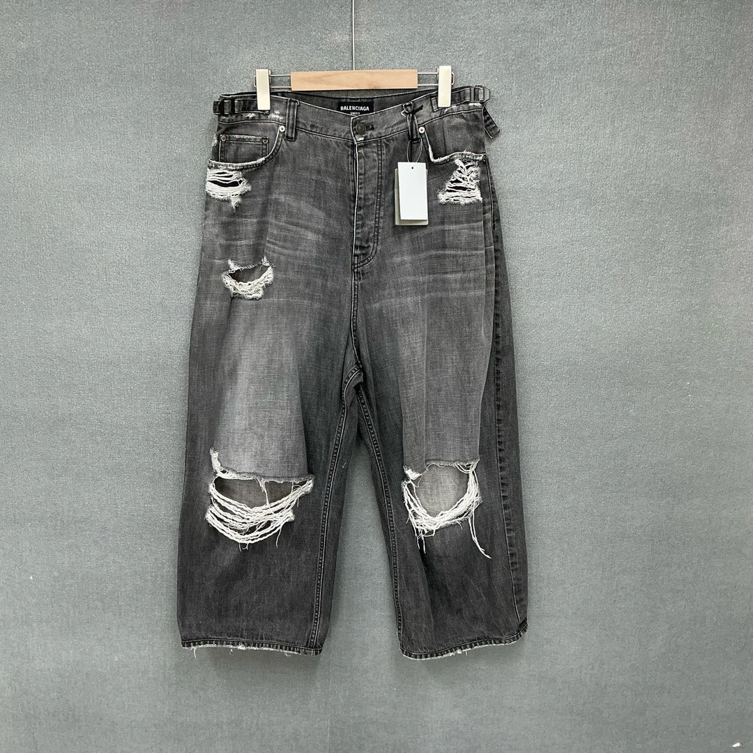 99新 Balenciaga/巴黎世家 水洗灰Baggy大破坏牛仔裤 99新S码