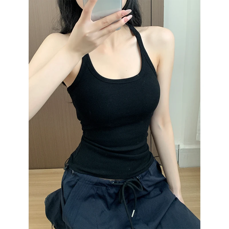 【定织定染非通货】高品质漫画腰高弹挂脖背心女春夏可拆卸胸垫内衣