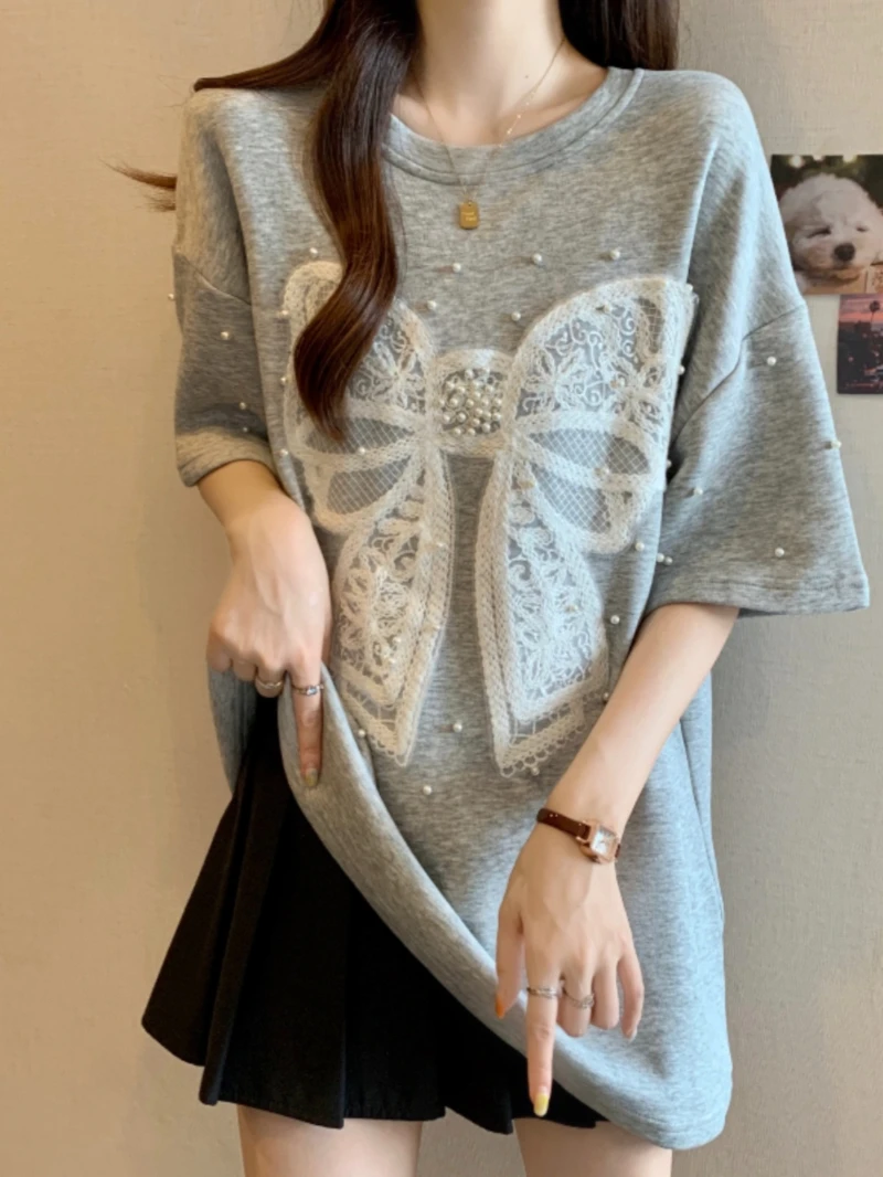 灰色珍珠装饰刺绣蝴蝶结短袖t恤女2025夏季洋气宽松休闲T恤上衣
