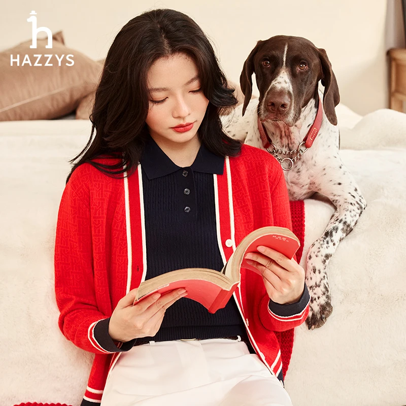 【新年系列】Hazzys哈吉斯春季红色羊毛开衫女士早春针织毛衣外套