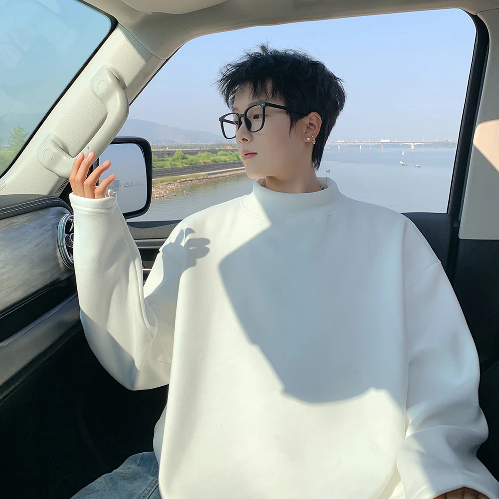 半高领德绒打底衫男士加绒加厚宽松大码纯色潮牌长袖外套卫衣冬季