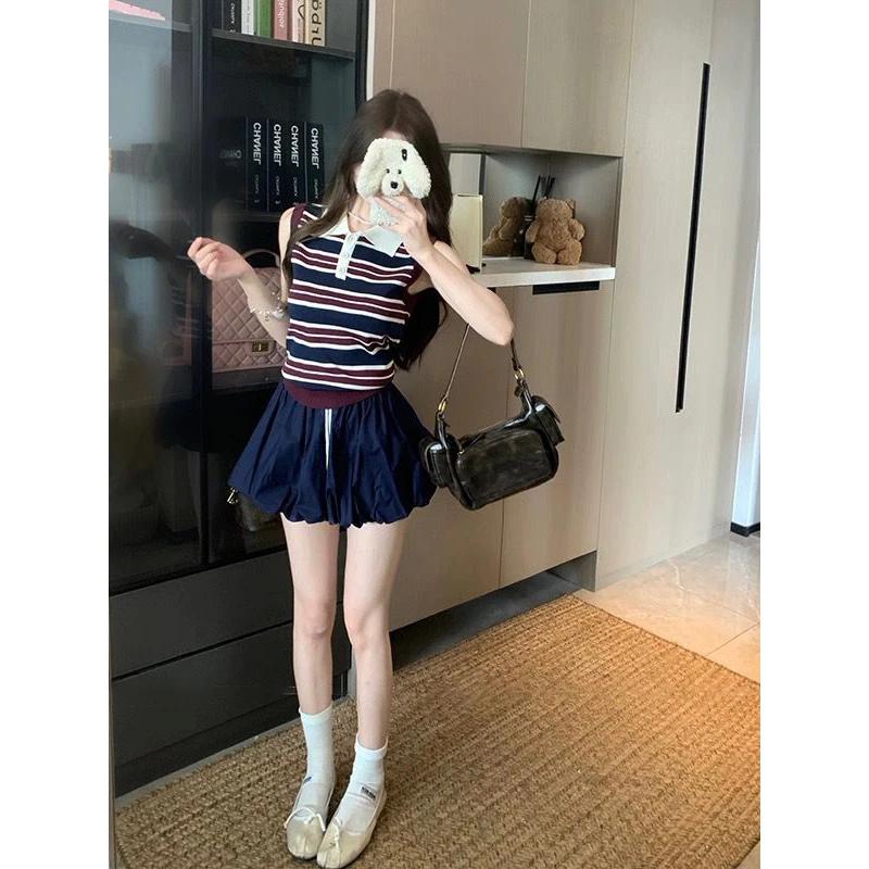 1078# 复古甜妹套装POLO领条纹背心女夏季高腰半身裙网红休闲装