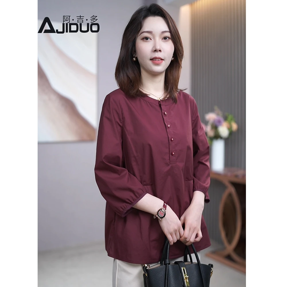 女士红色衬衫女2025新款高级感洋气妈妈大码宽松显瘦衬衣拼接上衣