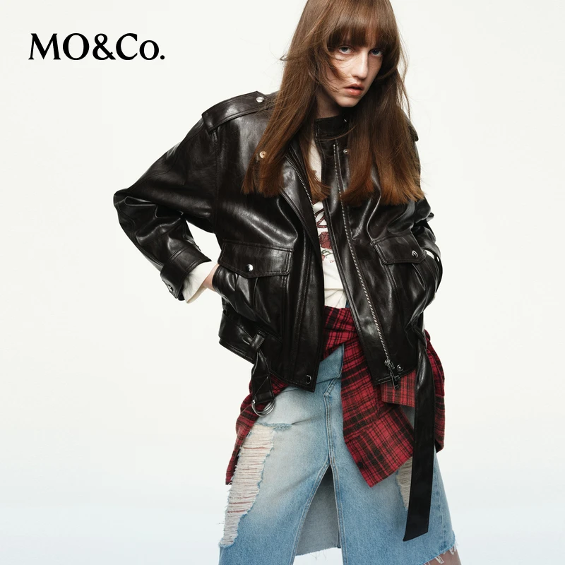MOCO夹克2025秋新品怀旧素皮夹克机车风立领短款附腰带MBE3JKTT12