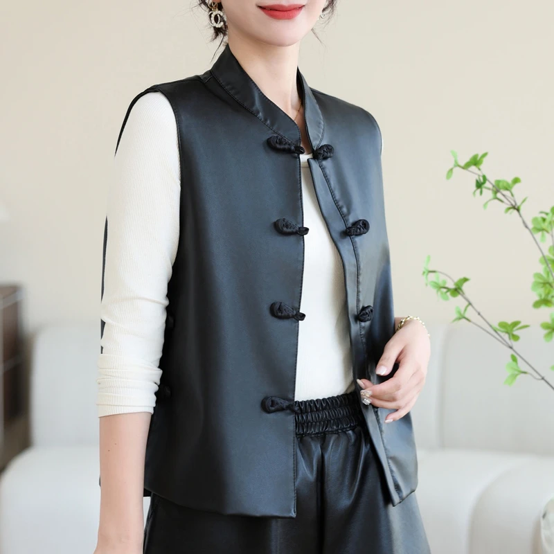 轻国风立领盘扣无袖马甲女复古气质短款坎肩背心新中式女人皮马夹