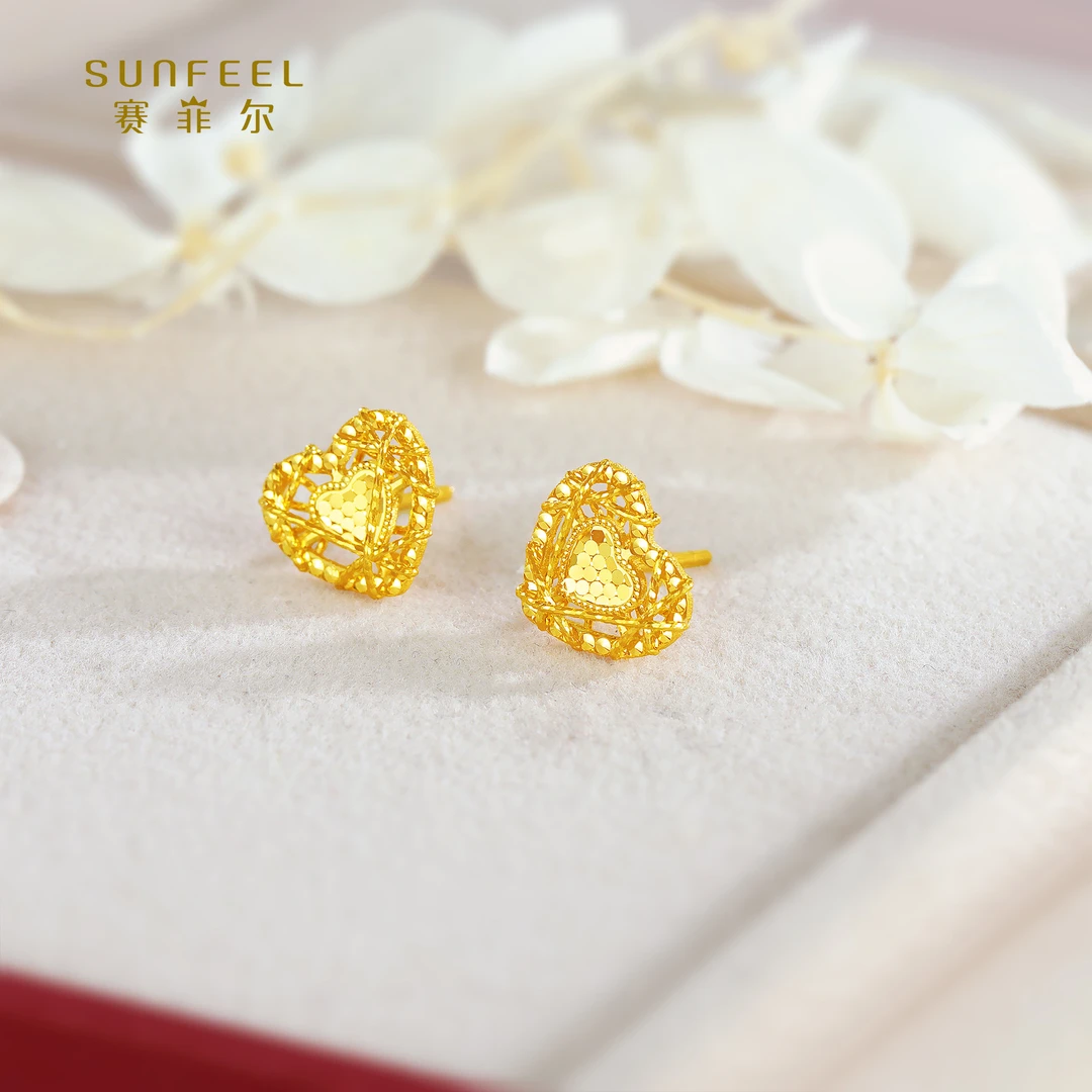 SUNFEEL/赛菲尔【三店】足金5G时尚花丝爱心耳钉黄金直针5GE00798