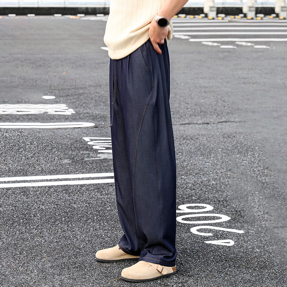 刀锋剪裁软牛仔裤男款中腰垂坠感松紧宽松阔腿冰丝直筒休闲裤子男