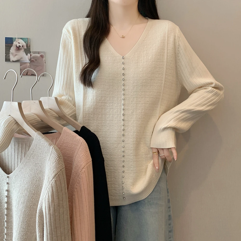 百搭宽松V领针织衫上衣胖mm显瘦毛衣打底衫大码女装2025早秋新款