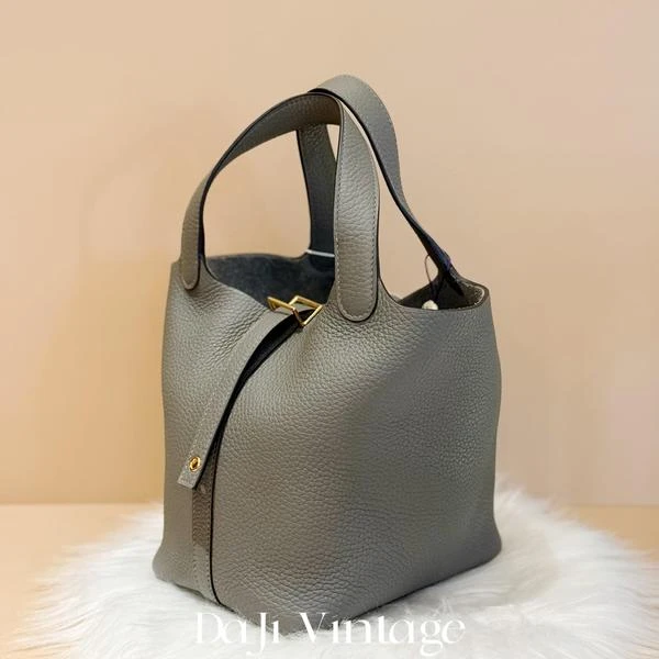 大吉中古/Hermes爱马仕金扣积雨云灰18菜篮子手提包