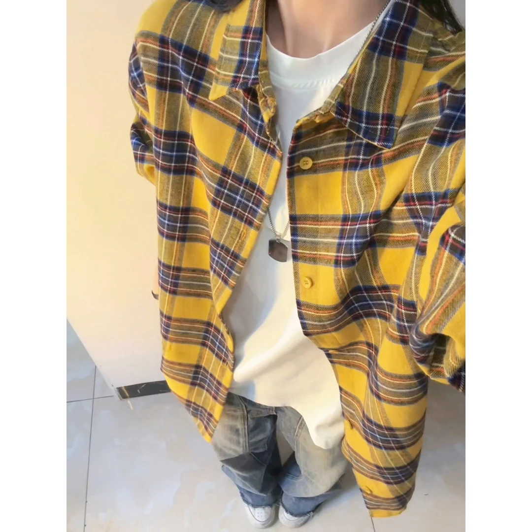 红色格子衬衫男长袖港风复古慵懒松弛感秋季外套男休闲衬衣少年感