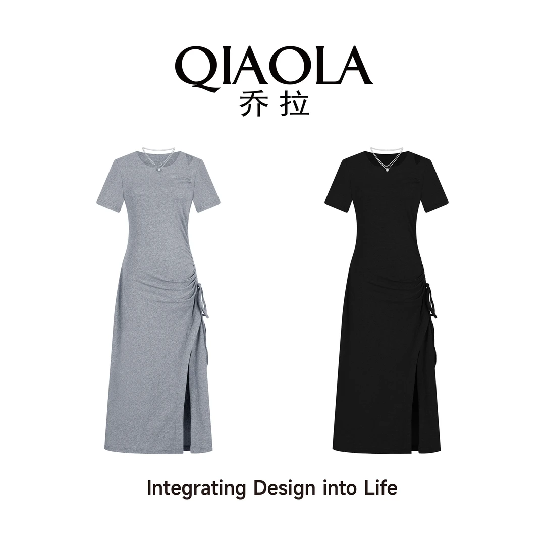 QIAOLA/乔拉【丝带千层】夏季弹力针织压褶抽绳绑带A字版连衣裙