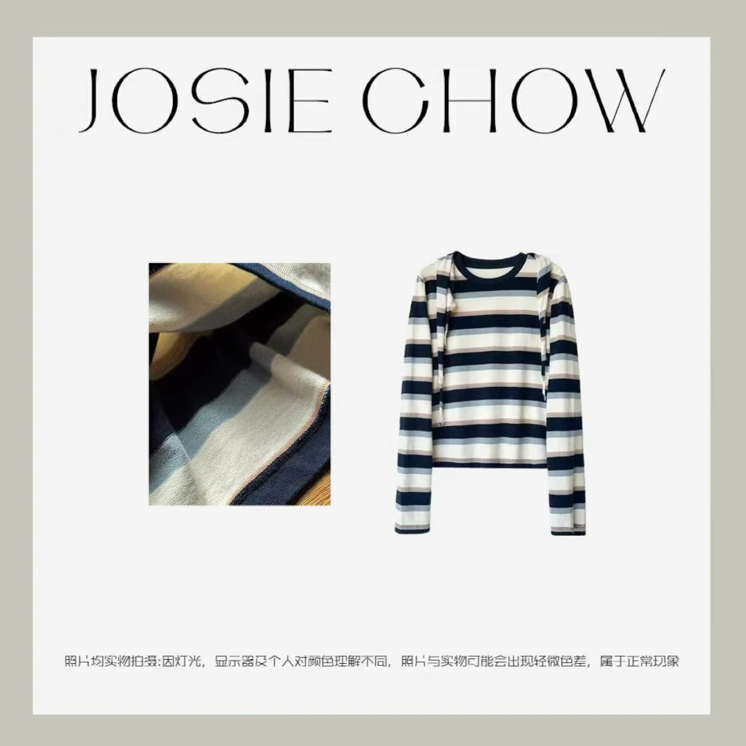 JOSIE CHOW【撞色条纹】圆领女款秋冬度假复古时尚长袖T恤。CJ621183