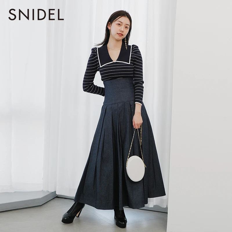 SNIDEL早春甜美淑女条纹翻领泡泡袖罗纹针织衫SWNT231234