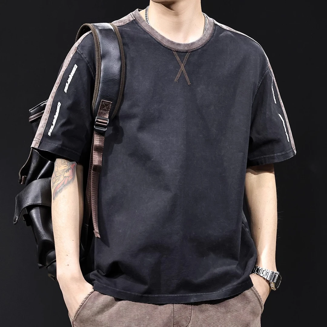 美式重磅短袖t恤男2025新款夏季潮大码衣服半袖高端拼色体恤水洗