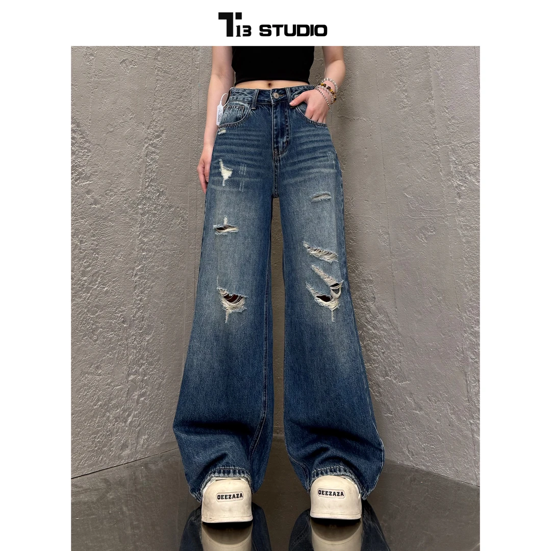 【Z77073】夏季原创美式破洞中高腰牛仔裤女裤
