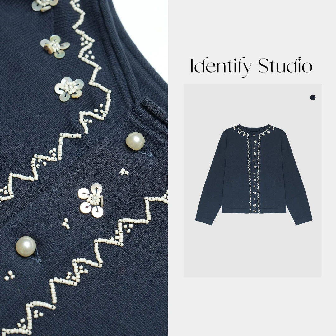 IDENTIFY香香“蓝影绣花”春季新款手工钉珠刺绣针织开衫上衣25SS
