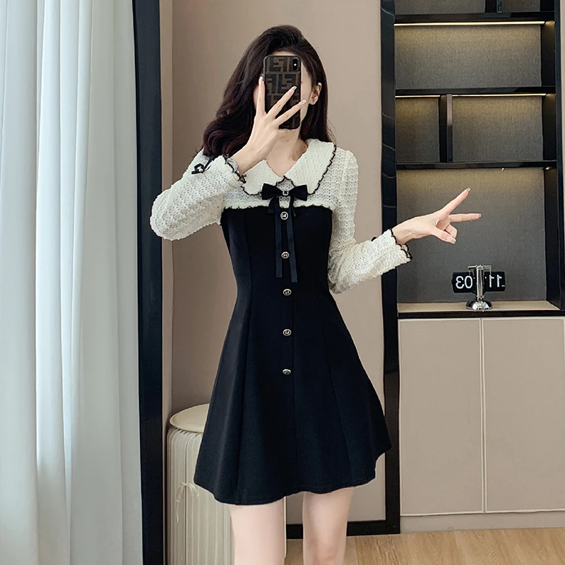 秋季法式复古娃娃领显瘦假两件连衣裙修身气质小个子短款A字短裙