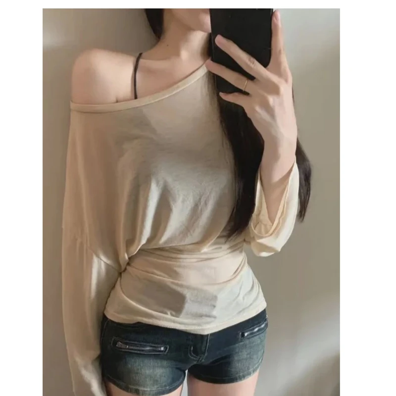 早秋爆款宽松慵懒风针织衫防晒衫大码遮肉纯欲斜肩绑带上衣女新款