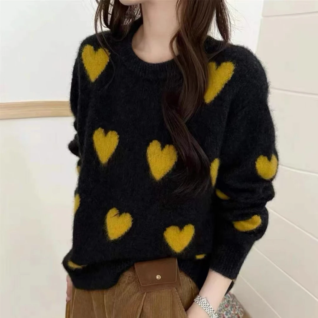 〔爱心～爱心〕〔不可机洗〕欧货满身爱心提花减龄百搭圆领长袖针织衫